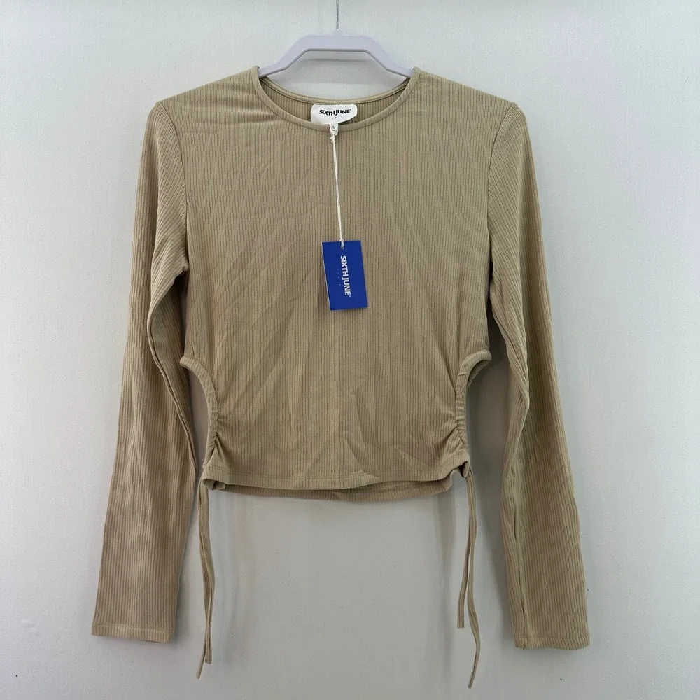 Sixth June Paris Beige Ribbed Drawstring Side Top Size L |‎ Long Sleeve NWT